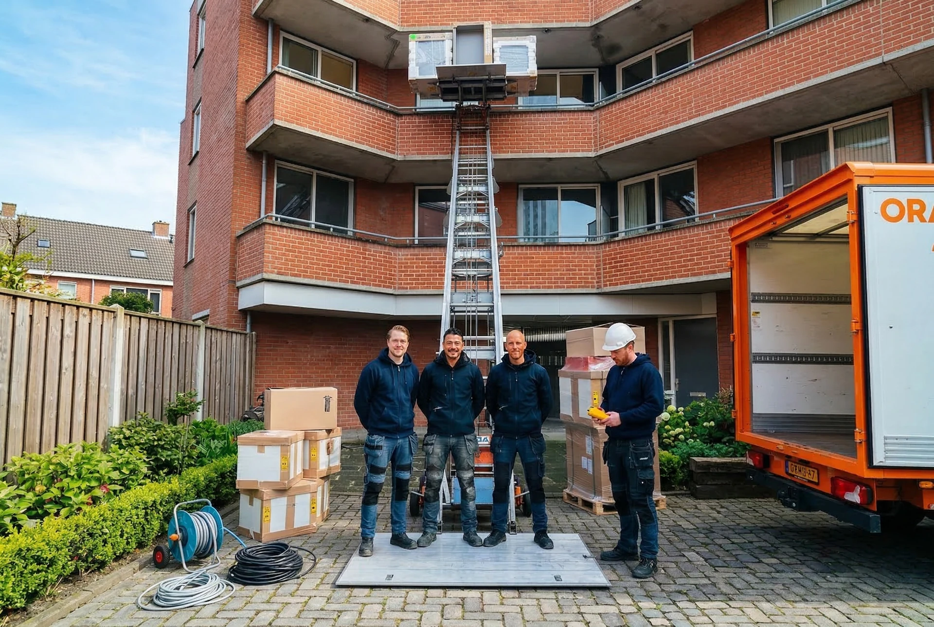 Verhuisteam aan het werk met gedalift bij appartement in Houten